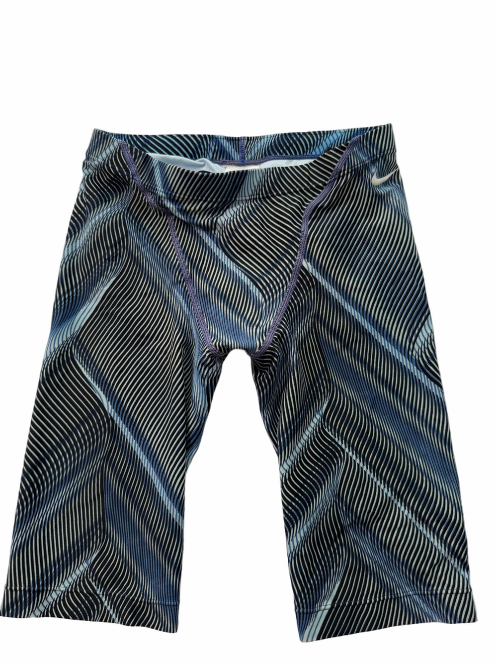 Nike Sz 30 Men Team Blue Striped Competitive Swim Team Training Jammers Suit